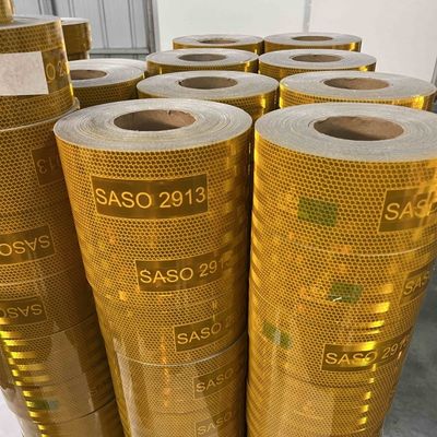 Harga yang bagus Pita Reflektif Kuning Penandaan SASO 2913 Metalized untuk Arab Saudi dengan Lapisan Aluminium on line